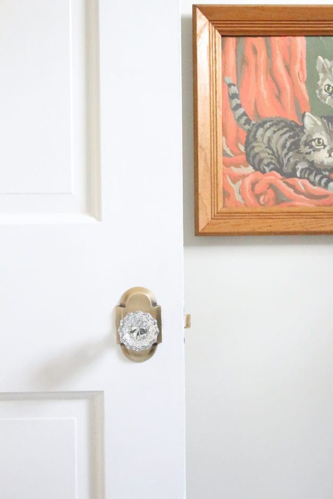 Nostalgic Warehouse Crystal Knobs with Antique Brass Cottage Plate- home design- DIY- Do it Yourself Project- changing doorknobs- farmhouse style- cottage style- doorknobs- hardware- antique brass- crystal knobs- vintage paint by number