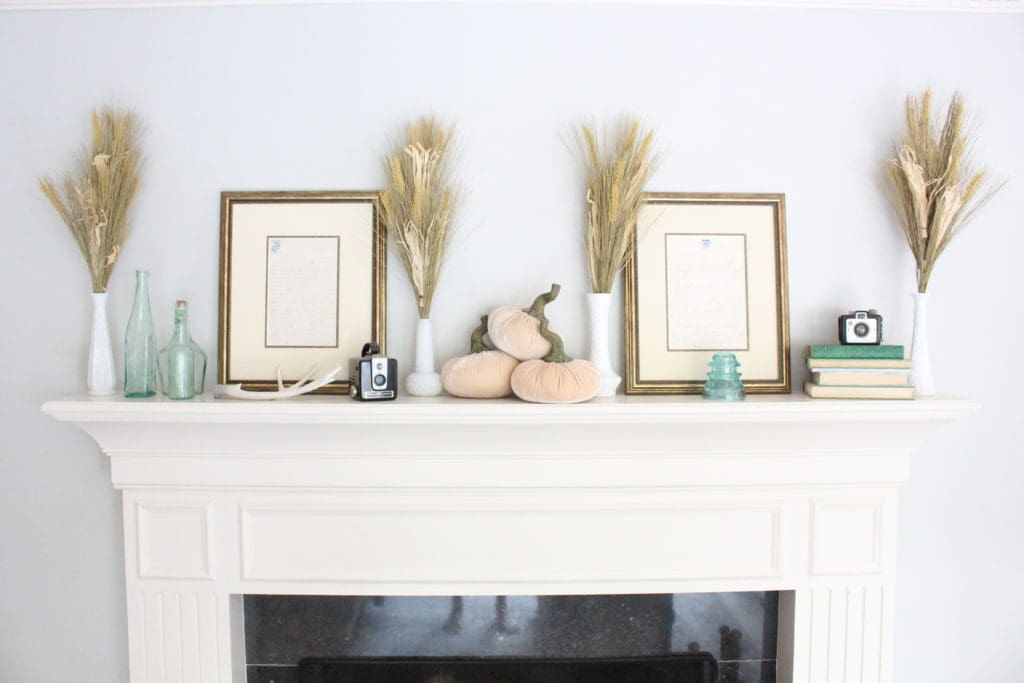 Transitional Fall Mantel- how to decorate the easy way for fall- mantel decor- mantles- decorating a fall mantel- autumn decor- decorating with wheat- pumpkins