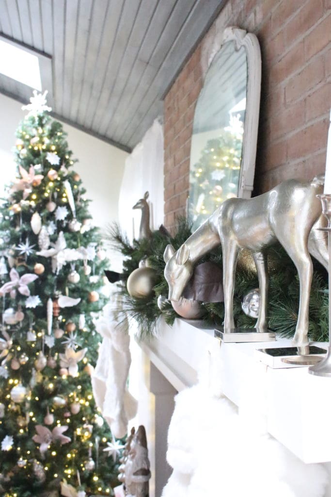 Christmas in the Family Room- Christmas Mantel- white and silver Christmas- holiday decor- holiday decorating- family room decor- seasonal decorating - classic holiday decor- Christmas tree- gray and white Christmas- winter wonderland Christmas