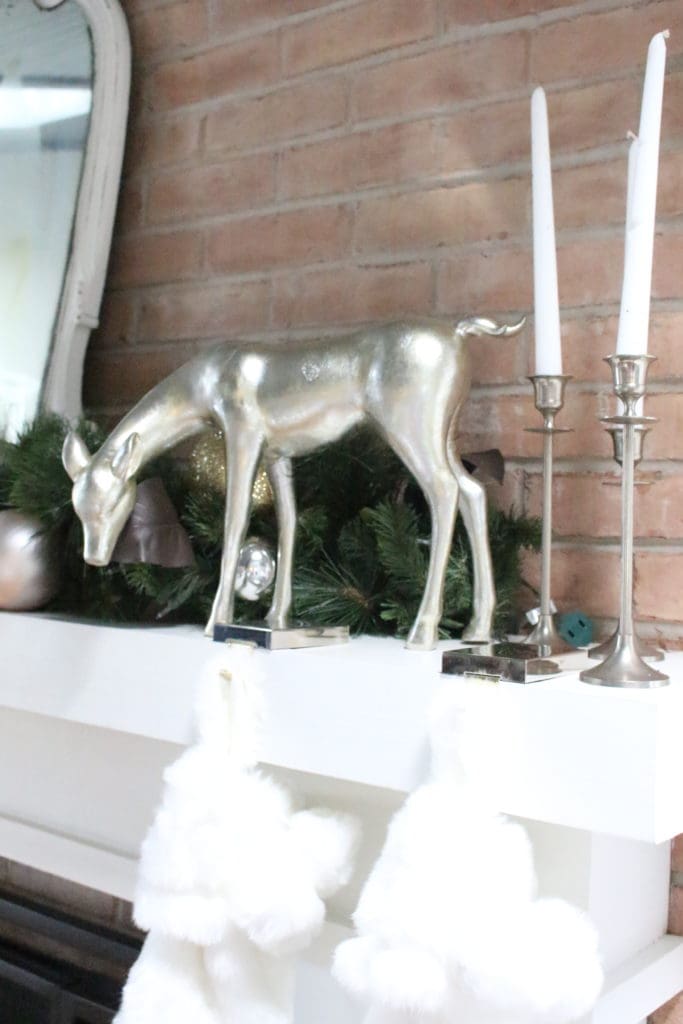 Christmas in the Family Room- Christmas Mantel- white and silver Christmas- holiday decor- holiday decorating- family room decor- seasonal decorating - classic holiday decor- Christmas tree- gray and white Christmas- winter wonderland Christmas