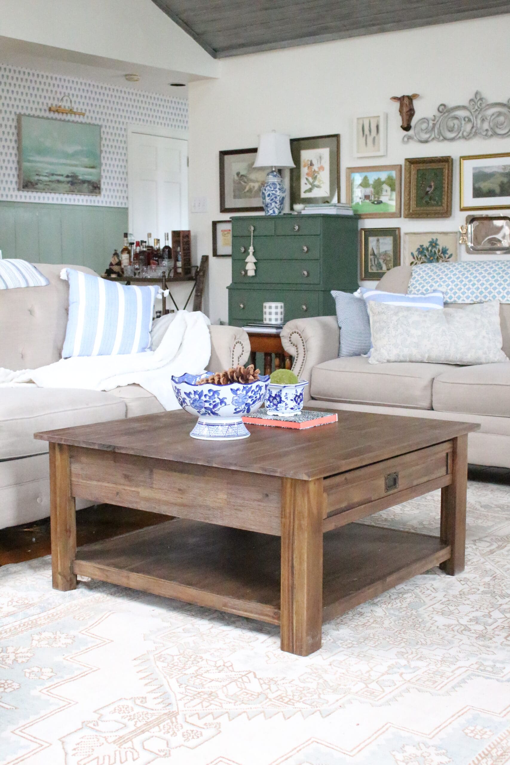 Monroe Wood Coffee Table styled in a traditional whimsical living room
