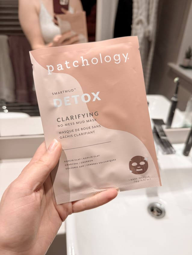 Patchology smartmud detox mask in packet in bathroom